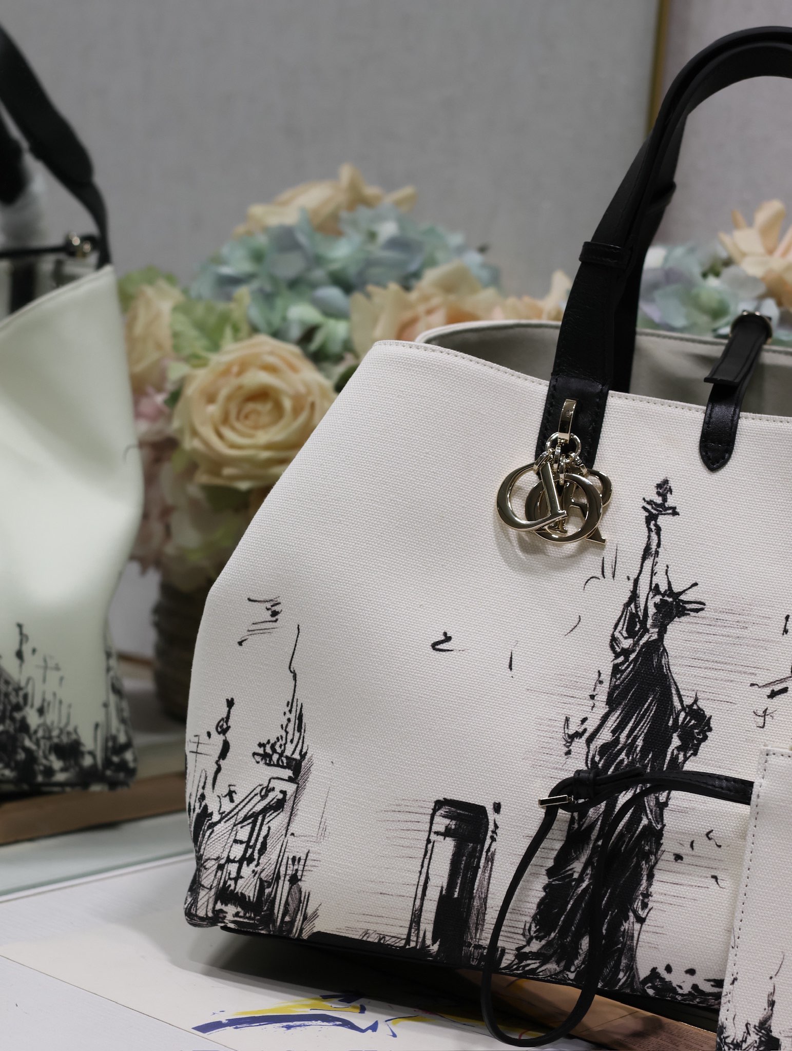 Large Dior Toujours Bag Latte and Black Canvas with New York Print